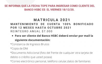 Convenio HSBC ingreso cliente hasta 18/12/2020.